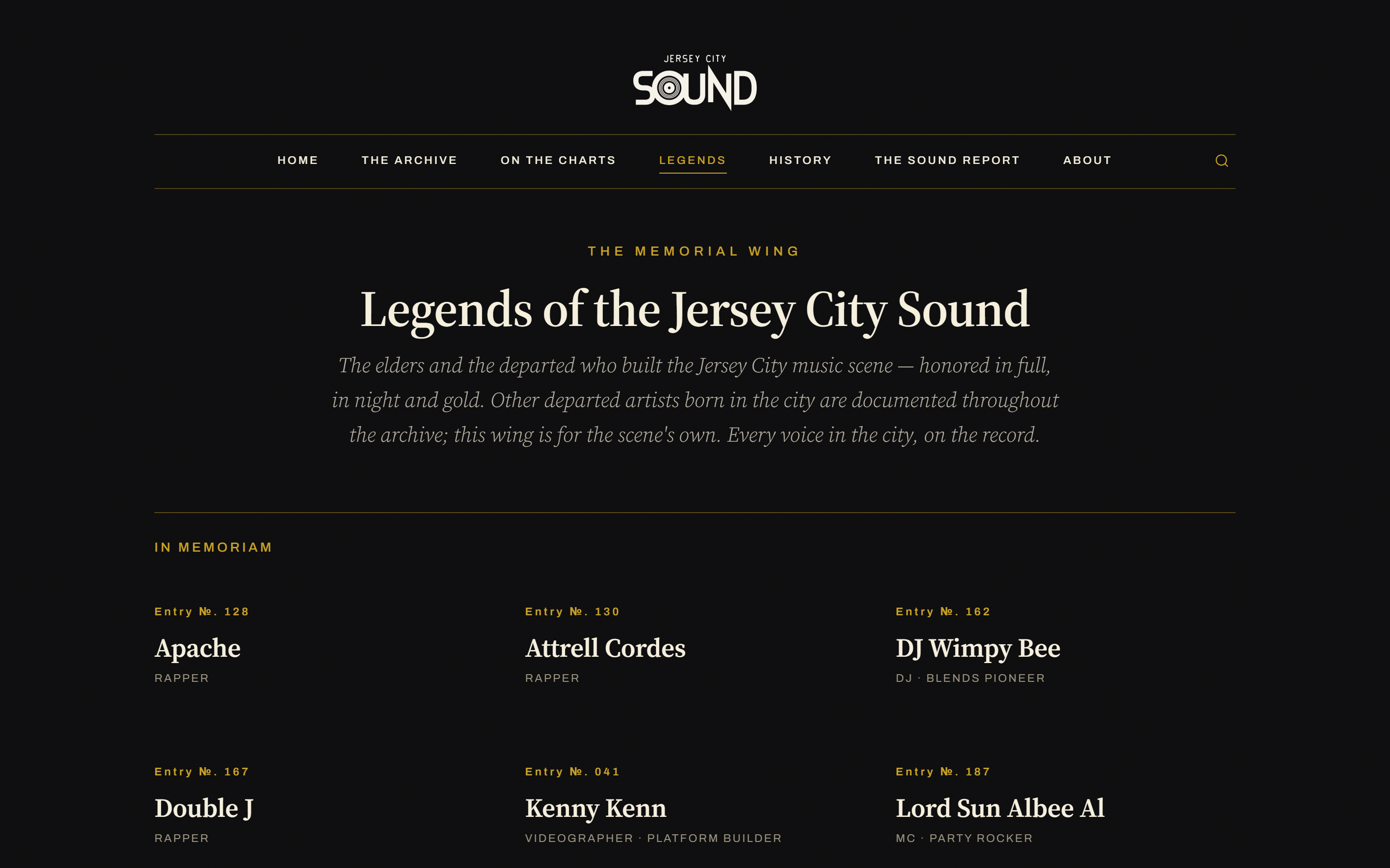 The Legends memorial wing rendered in the night and gold theme, with entry numbers and names in memoriam