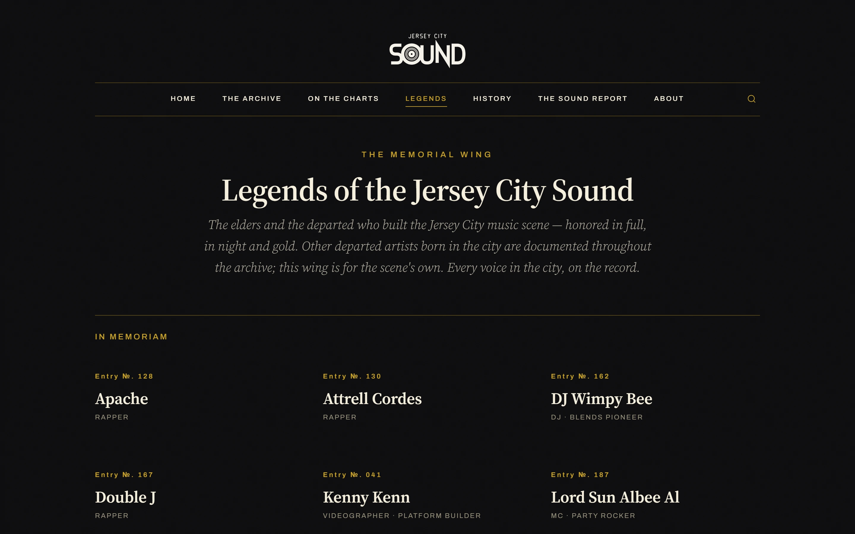 The Legends memorial wing rendered in the night and gold theme, with entry numbers and names in memoriam