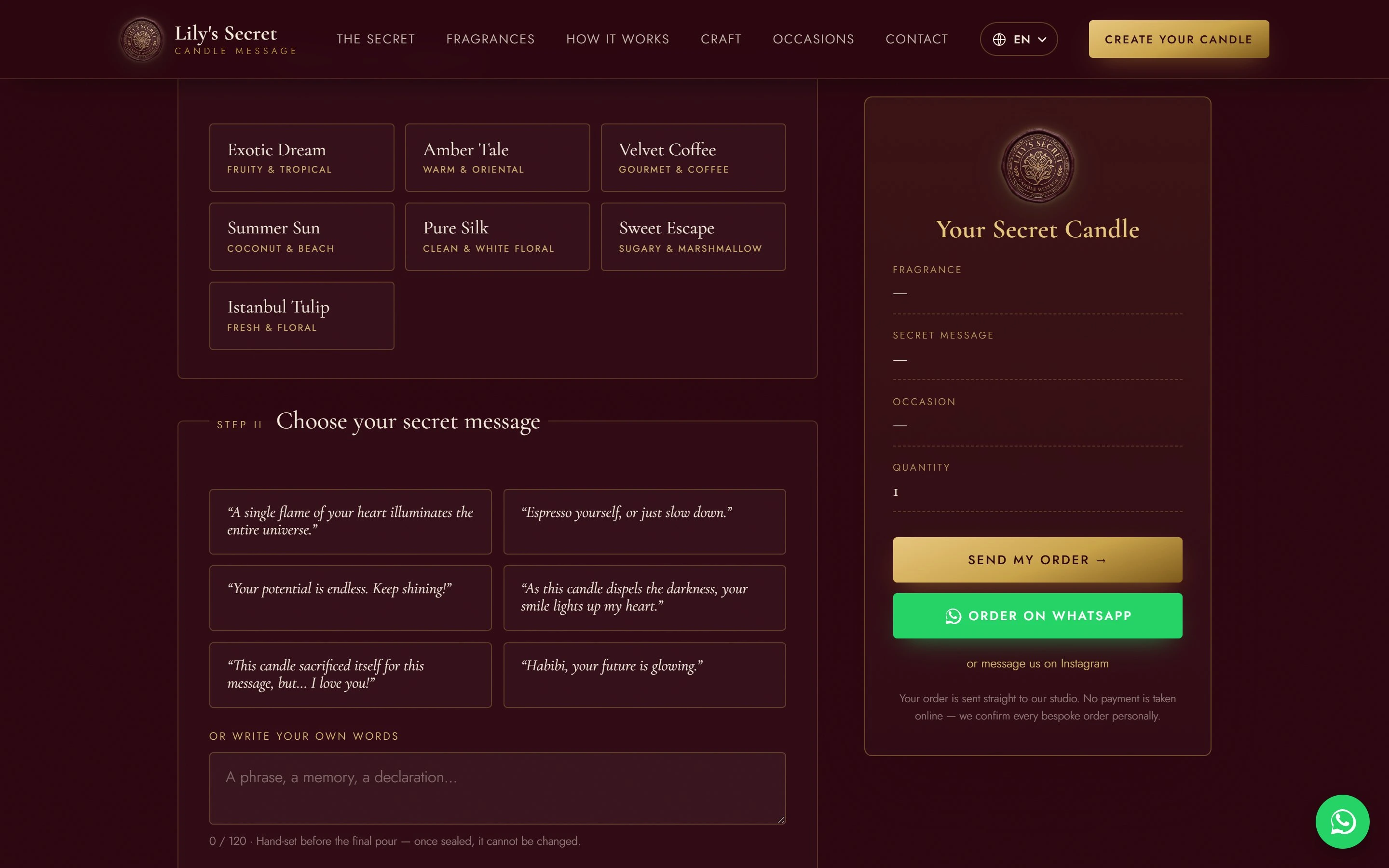 The Create Your Candle builder showing fragrance options, suggested secret messages, and a live order summary panel