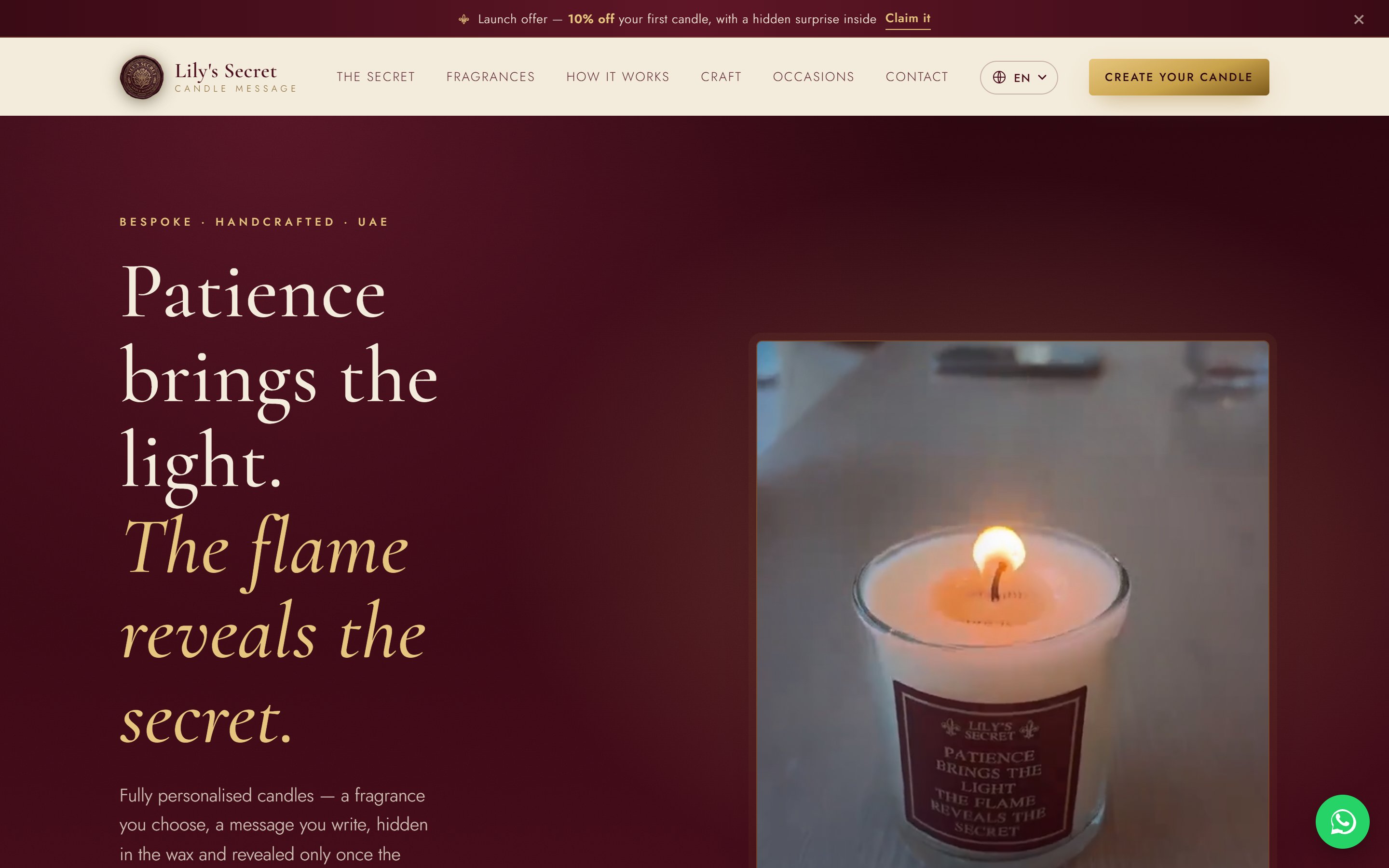 The Lily's Secret home page hero in deep wine and antique gold