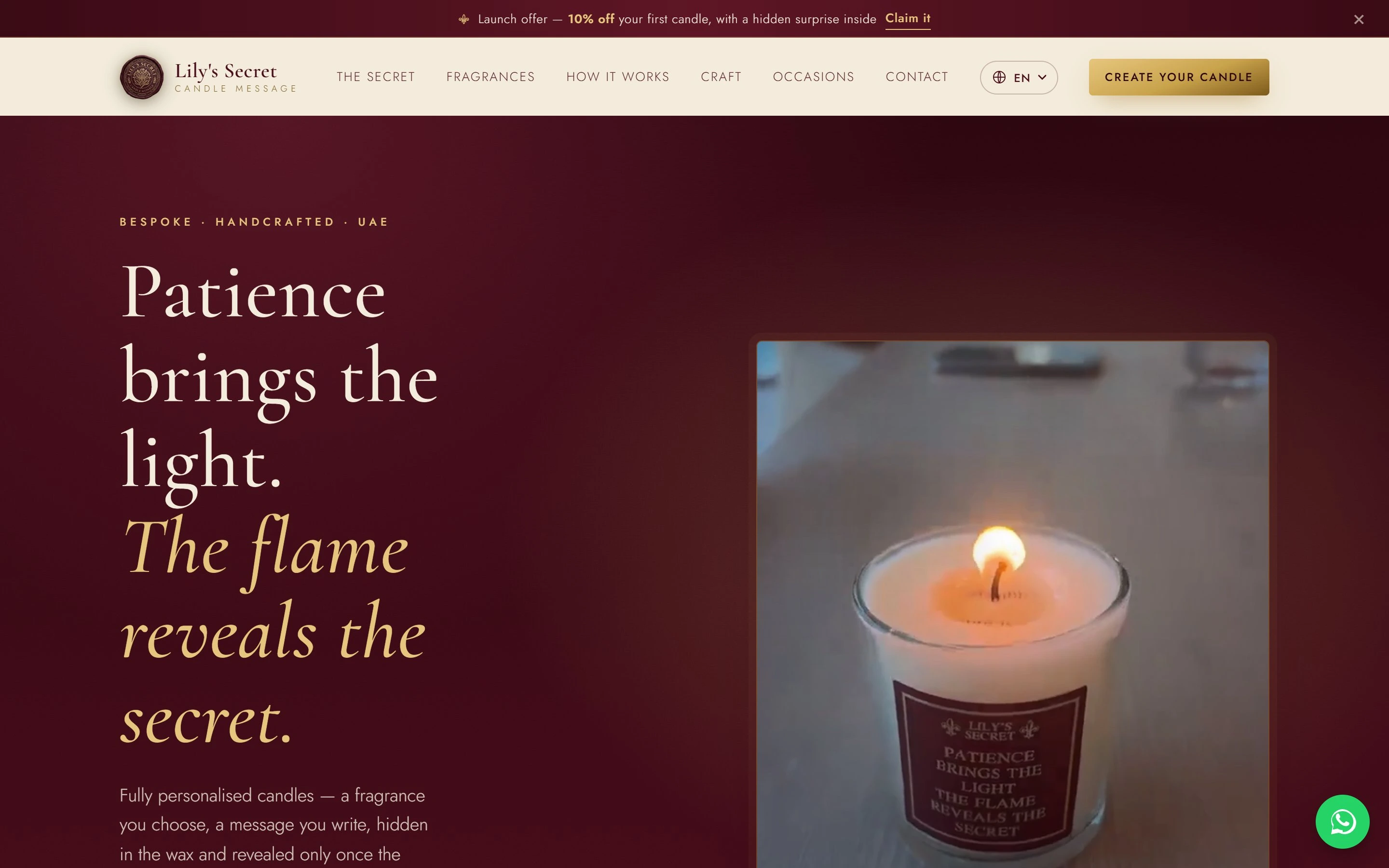 The Lily's Secret home page hero in deep wine and antique gold
