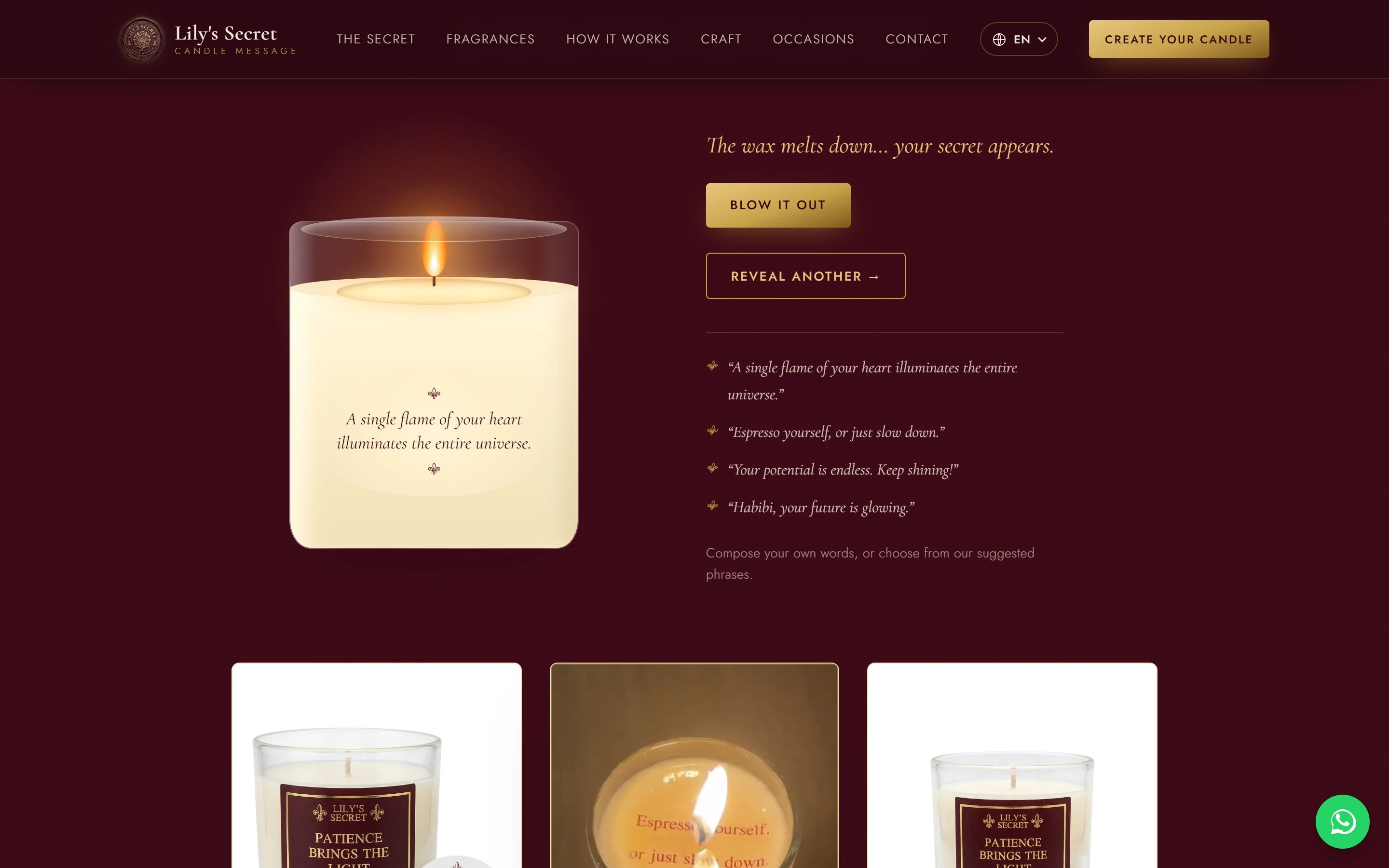 The interactive candle lit, with the hidden message showing through the wax at the bottom of the glass